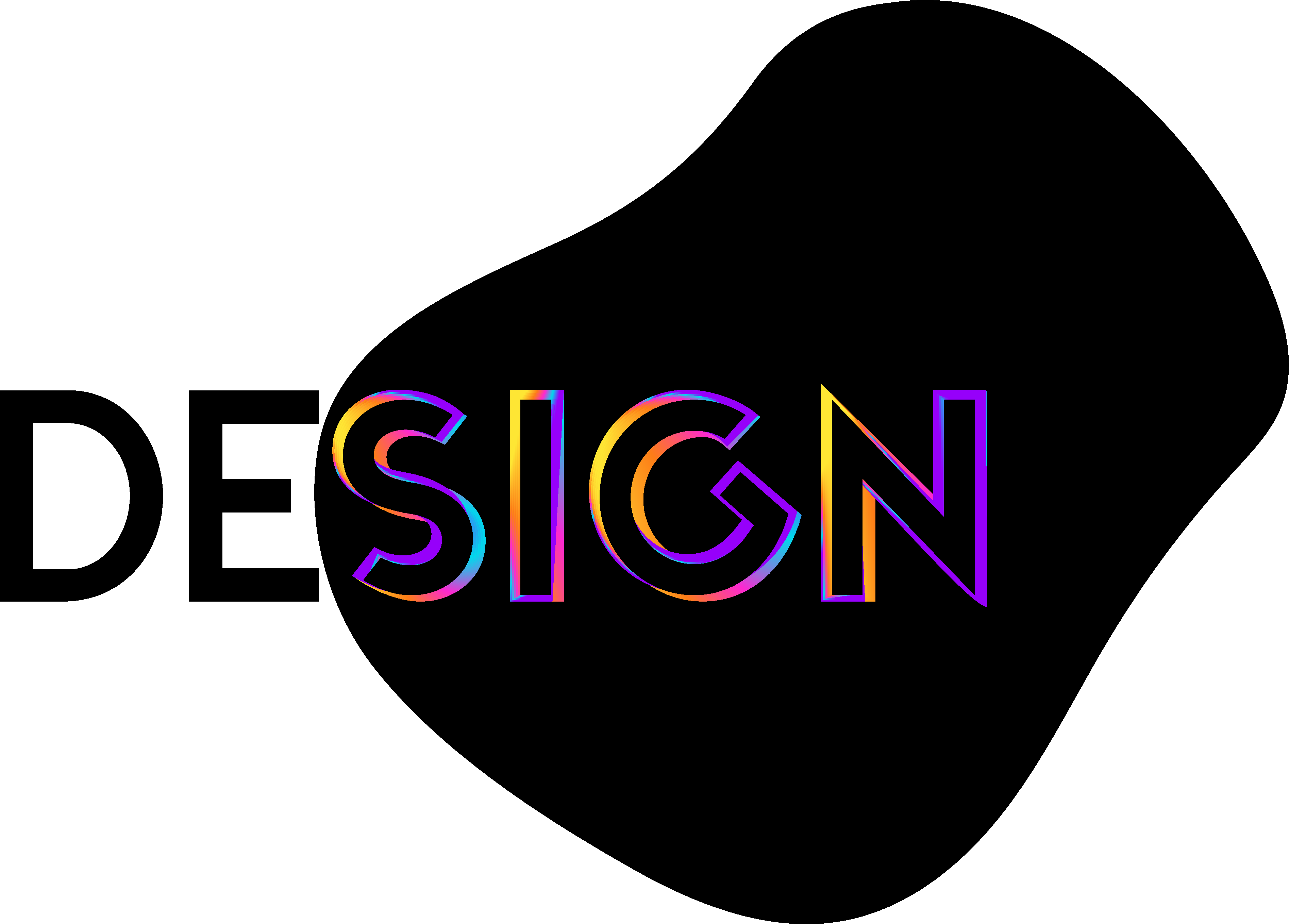 Graphical treatment of the word design with rainbow holographic outline on a black shape